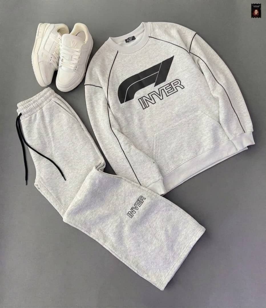 Light gray INVER graphic hoodie and matching jogger pants laid flat with white sneakers.
