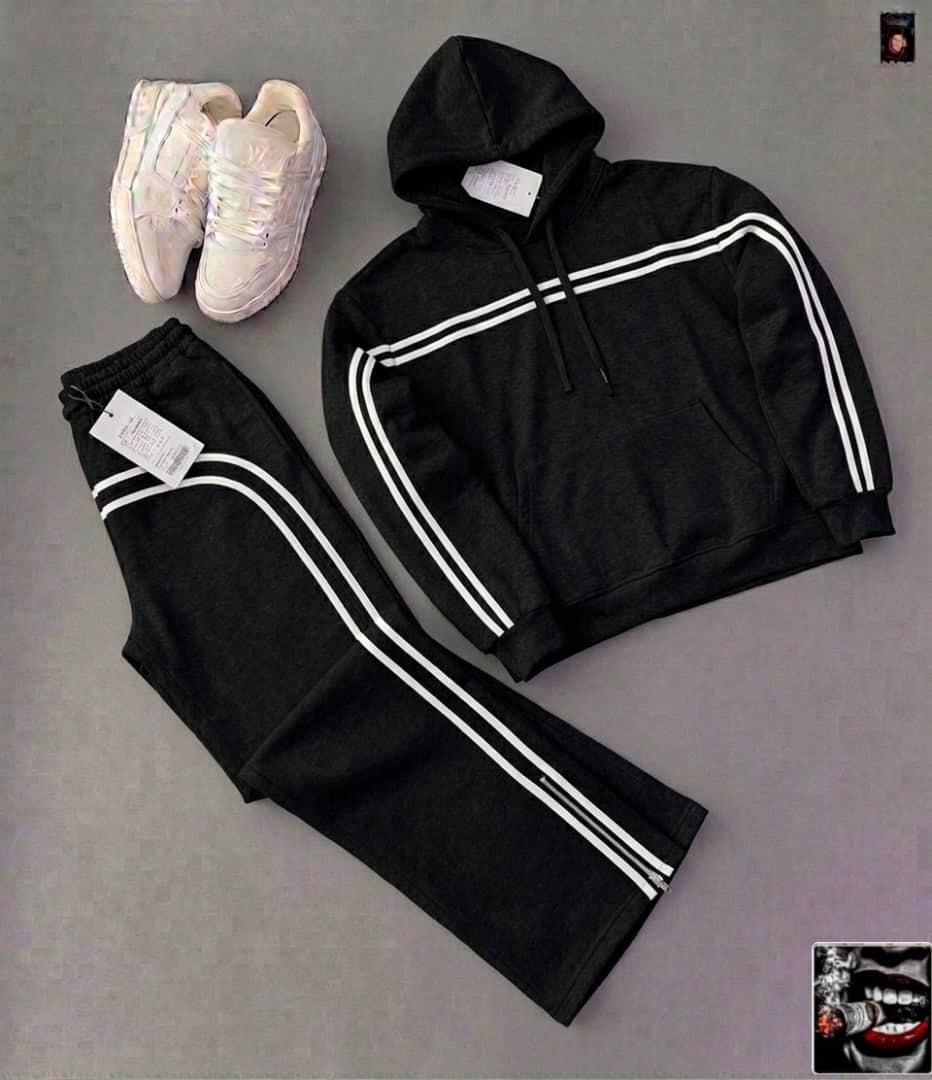 Black striped hoodie and pants set with white stripes.