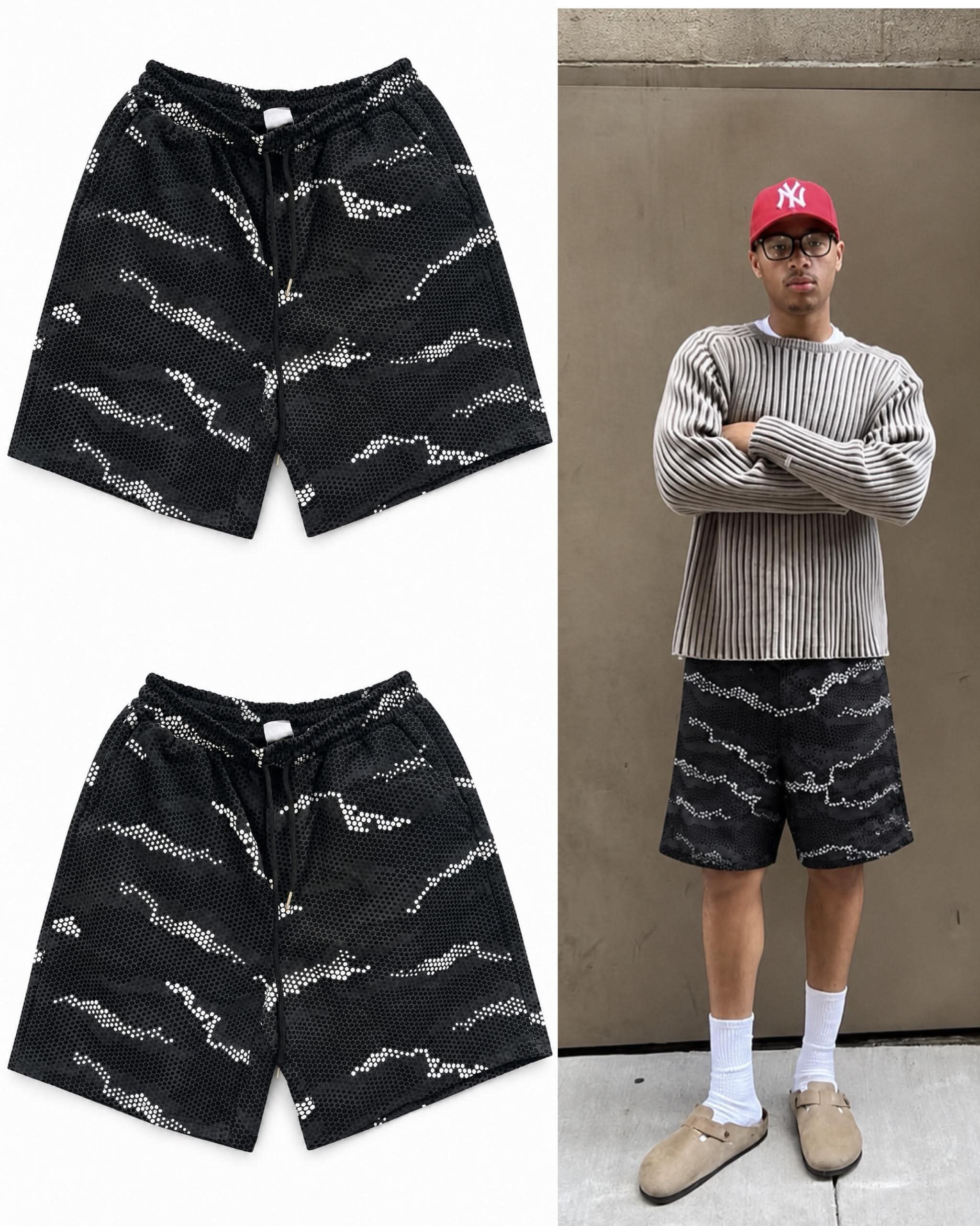 Black perforated mesh camouflage shorts in flat lay and worn by model with striped sweater.
