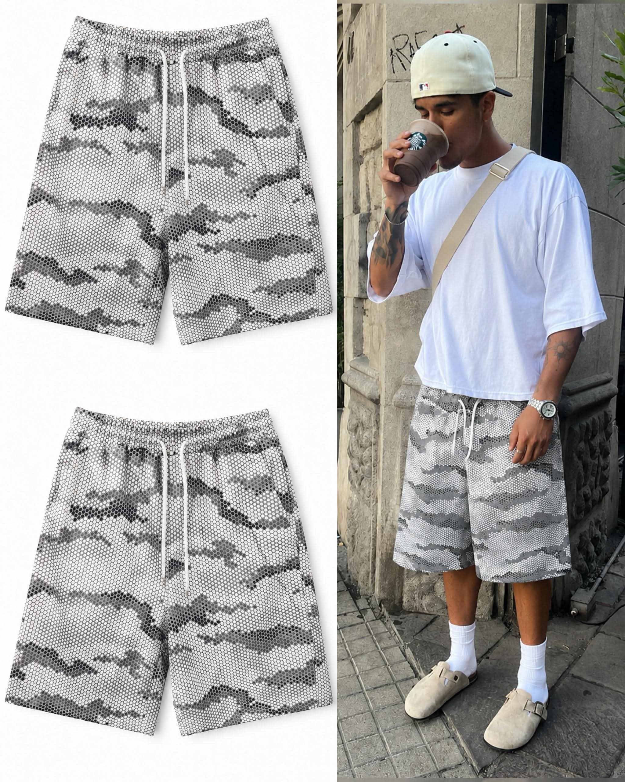 Gray perforated mesh camouflage shorts in flat lay and worn by model outdoors.