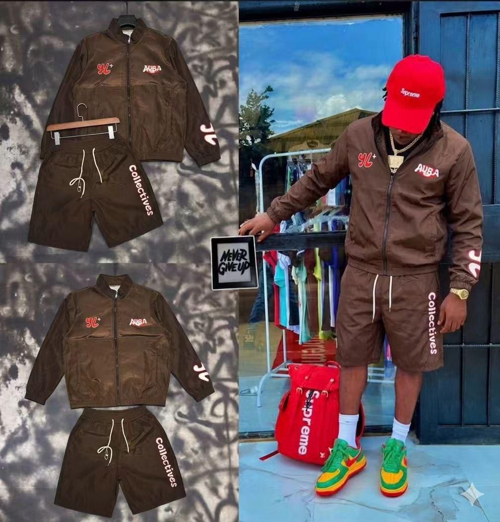 Brown two-piece jacket and shorts set shown in flat lays and on model.