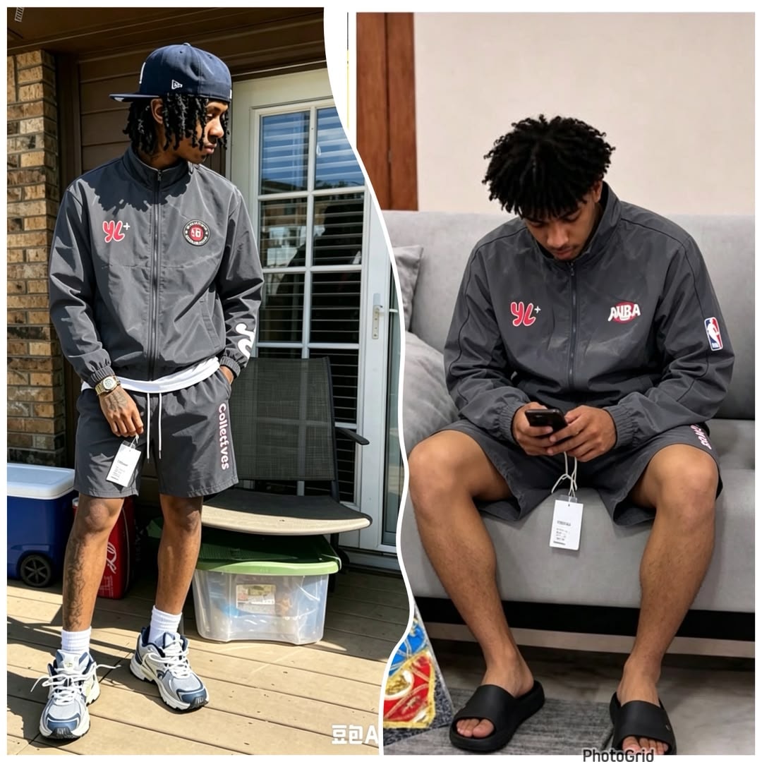 Man modeling gray zip-up jacket with matching shorts in outdoor and lounge settings.
