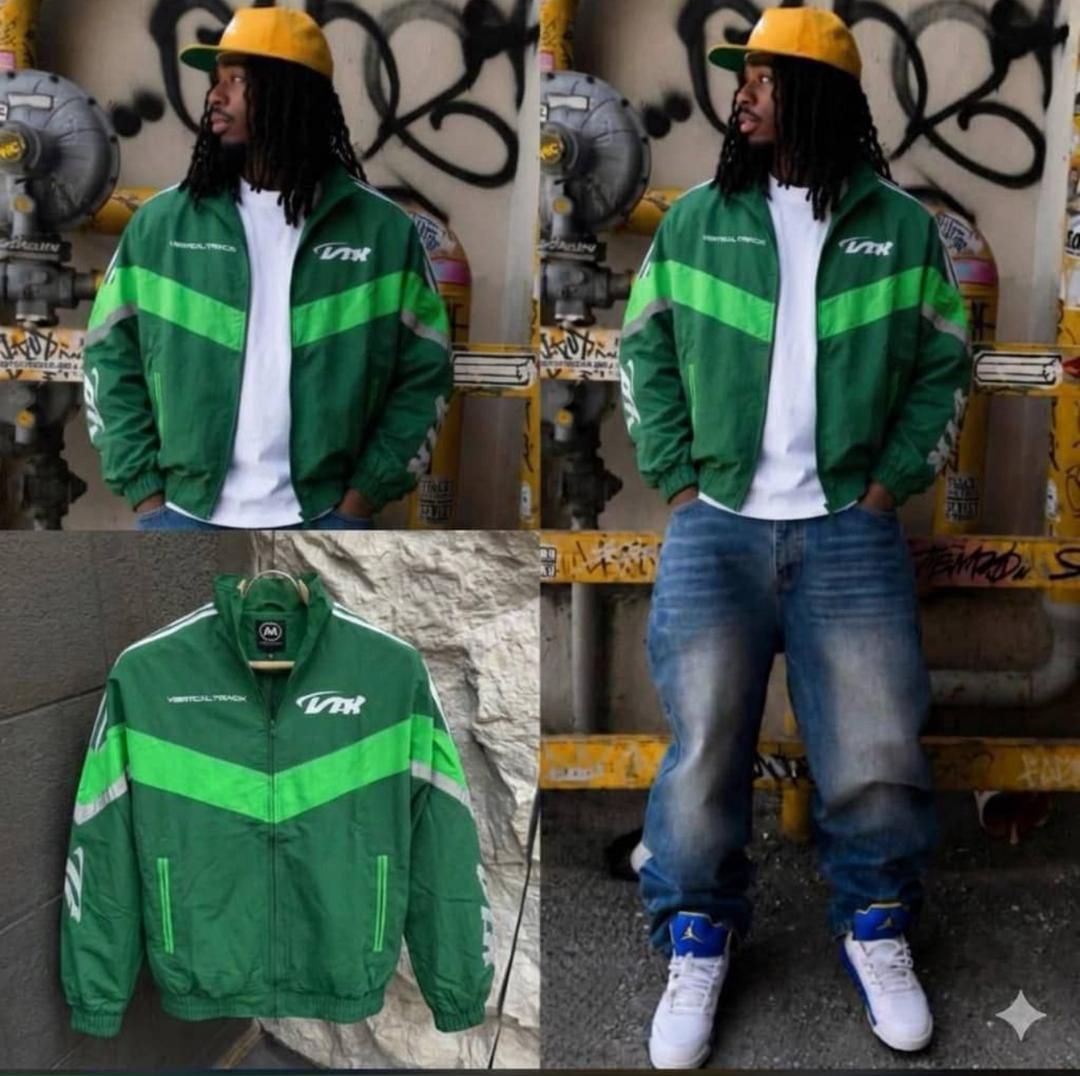 Green VTK track jacket worn by models and flat lay views.