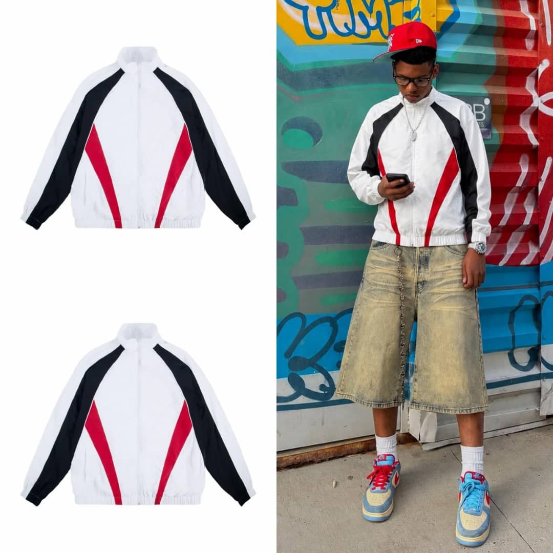 White panelled track jacket shown in flat lay and on model.