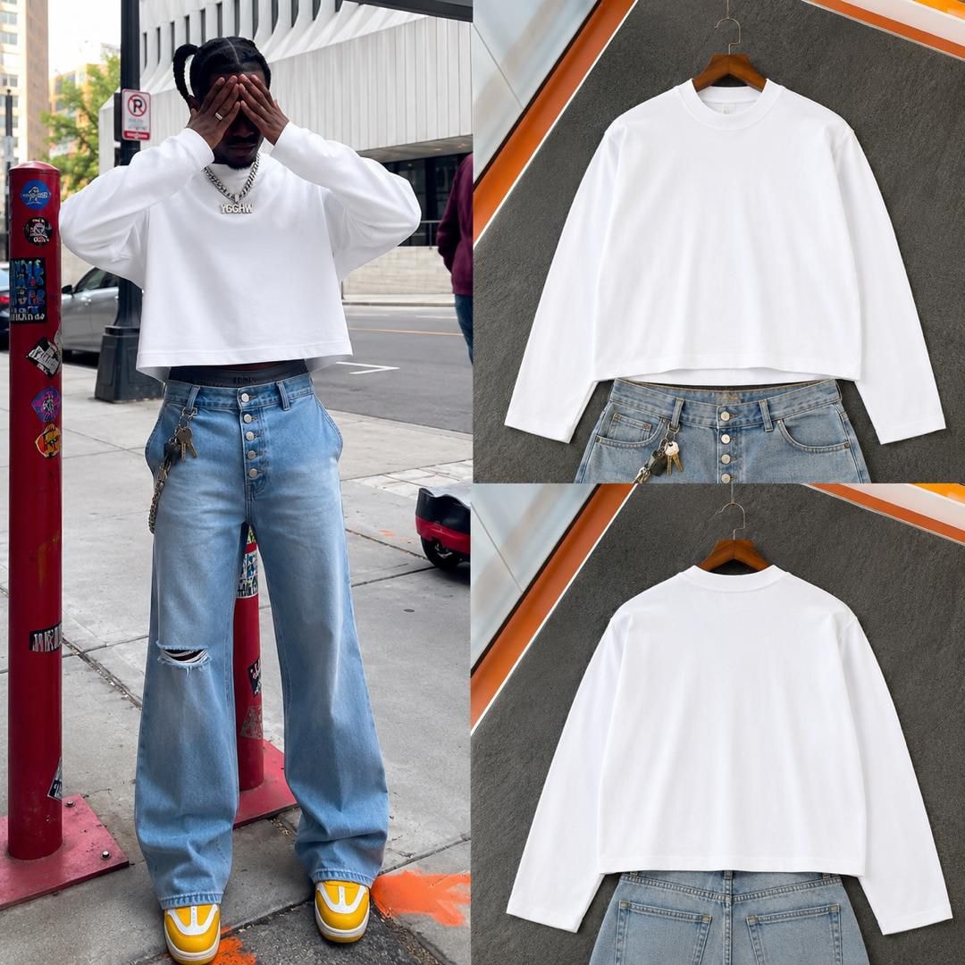 White cropped sweatshirt shown on male model with jeans plus front and back flat lays.