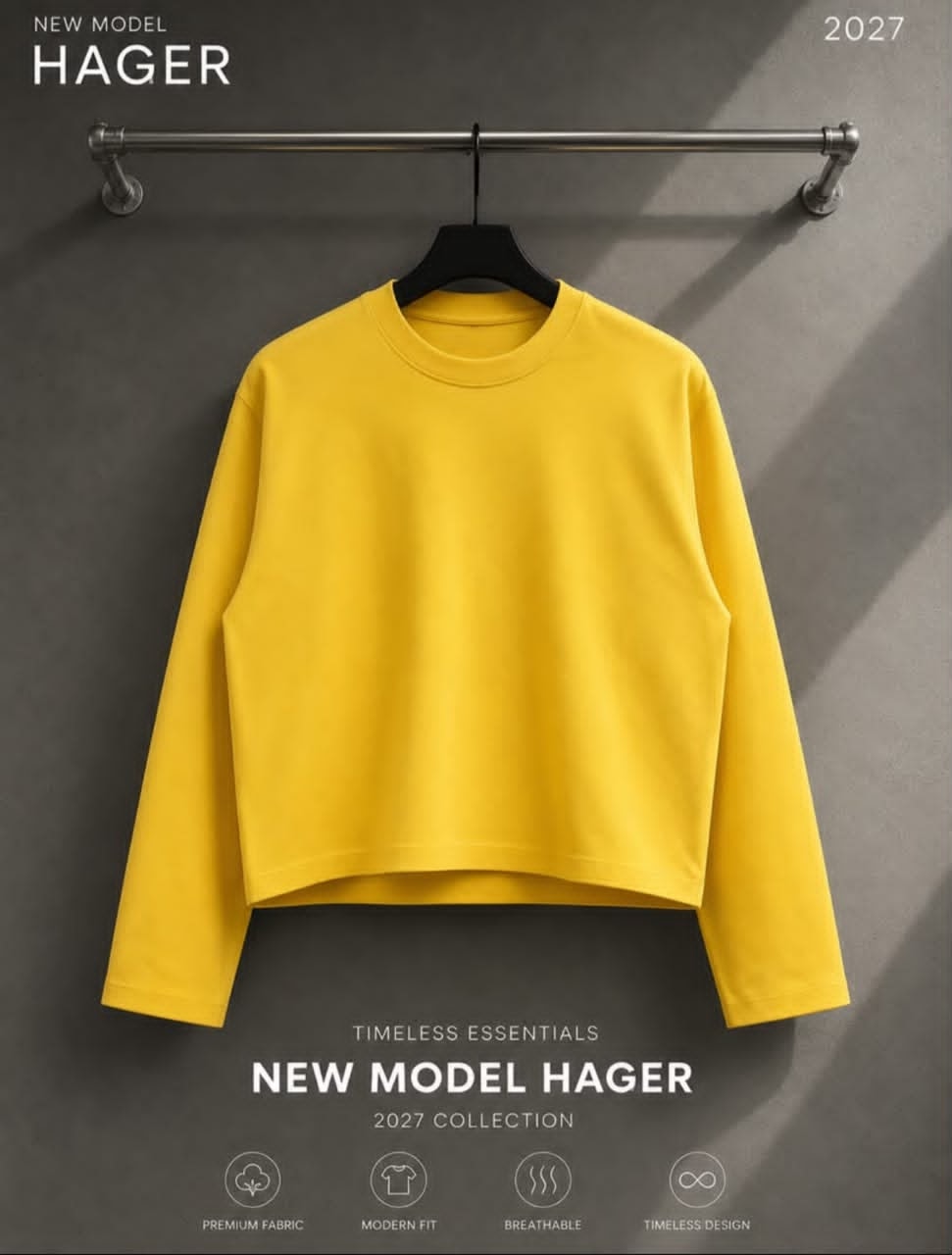 Yellow Hager cropped long sleeve sweatshirt on hanger with 2027 collection branding.