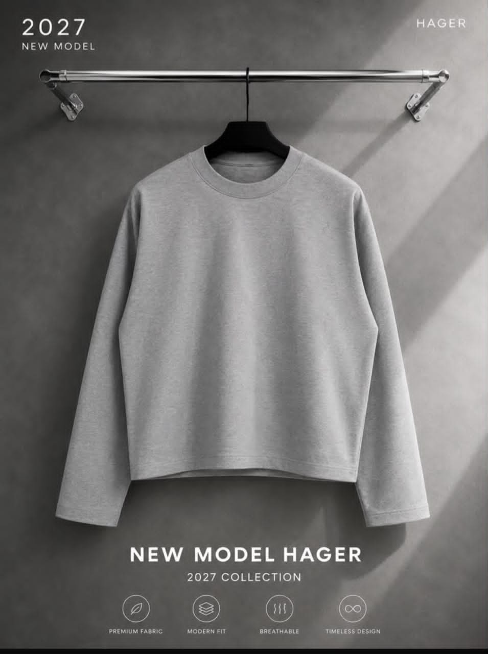 Gray Hager 2027 new model cropped sweatshirt on hanger with premium fabric and timeless design icons.