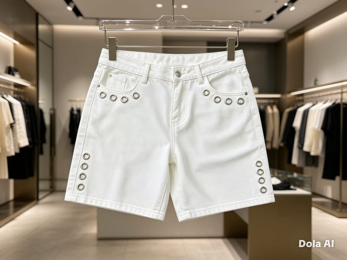 White shorts with silver metal grommets along side seams and back pockets, displayed on a hanger in a retail store.