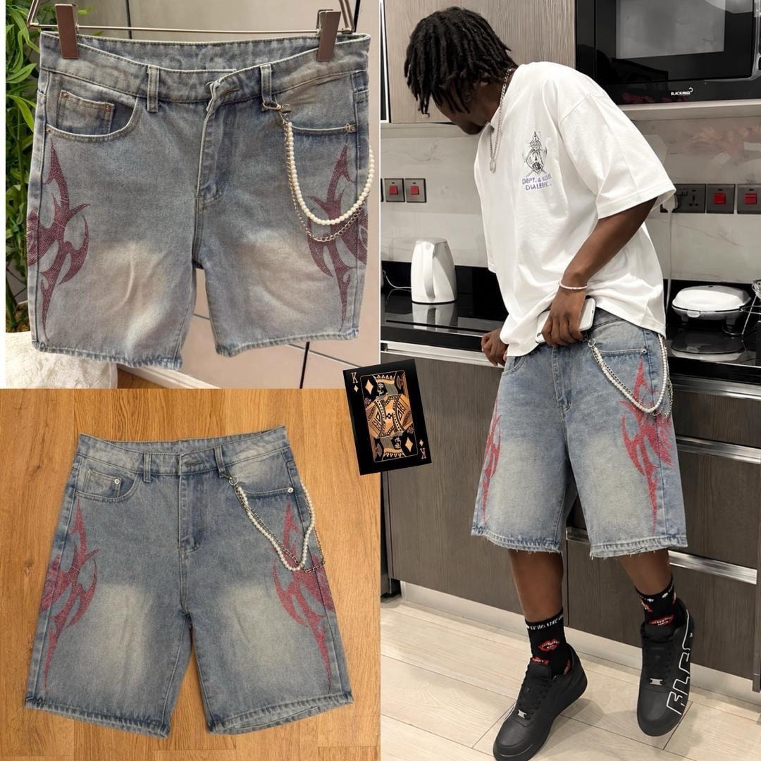 Collage of model wearing light blue denim shorts with red flame designs plus flat lay and playing card detail.