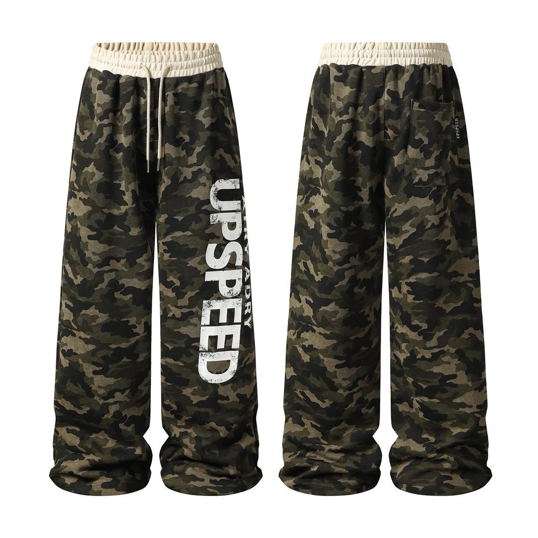 Camouflage joggers shown from front and back views with UPSPEED print on leg.