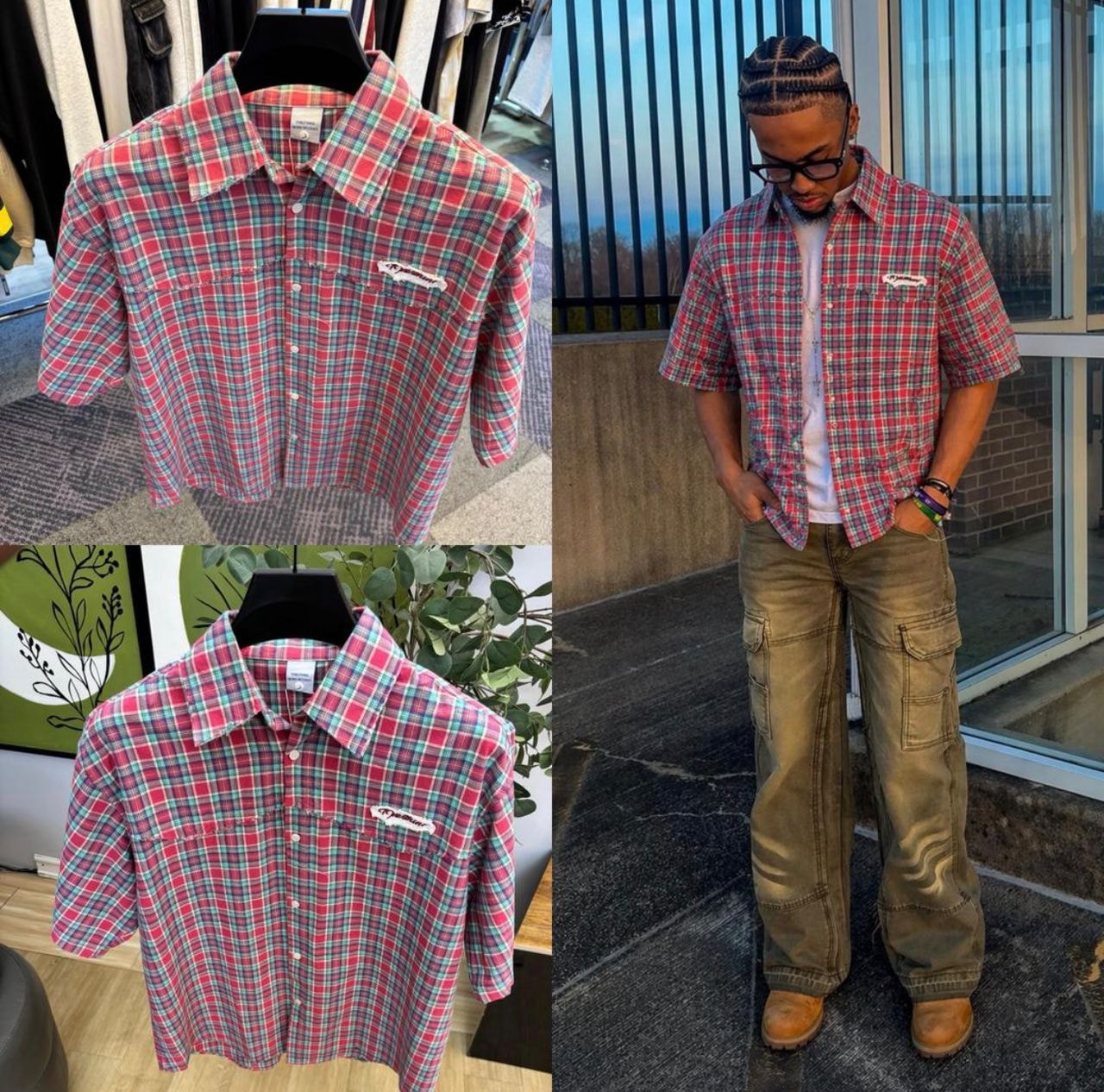 Red green blue plaid short sleeve shirt shown on hanger and worn with cargo pants.