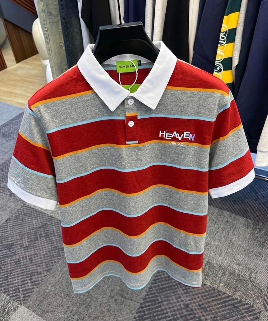 Red and grey striped polo shirt with white collar and Heaven Vintage embroidery on chest.
