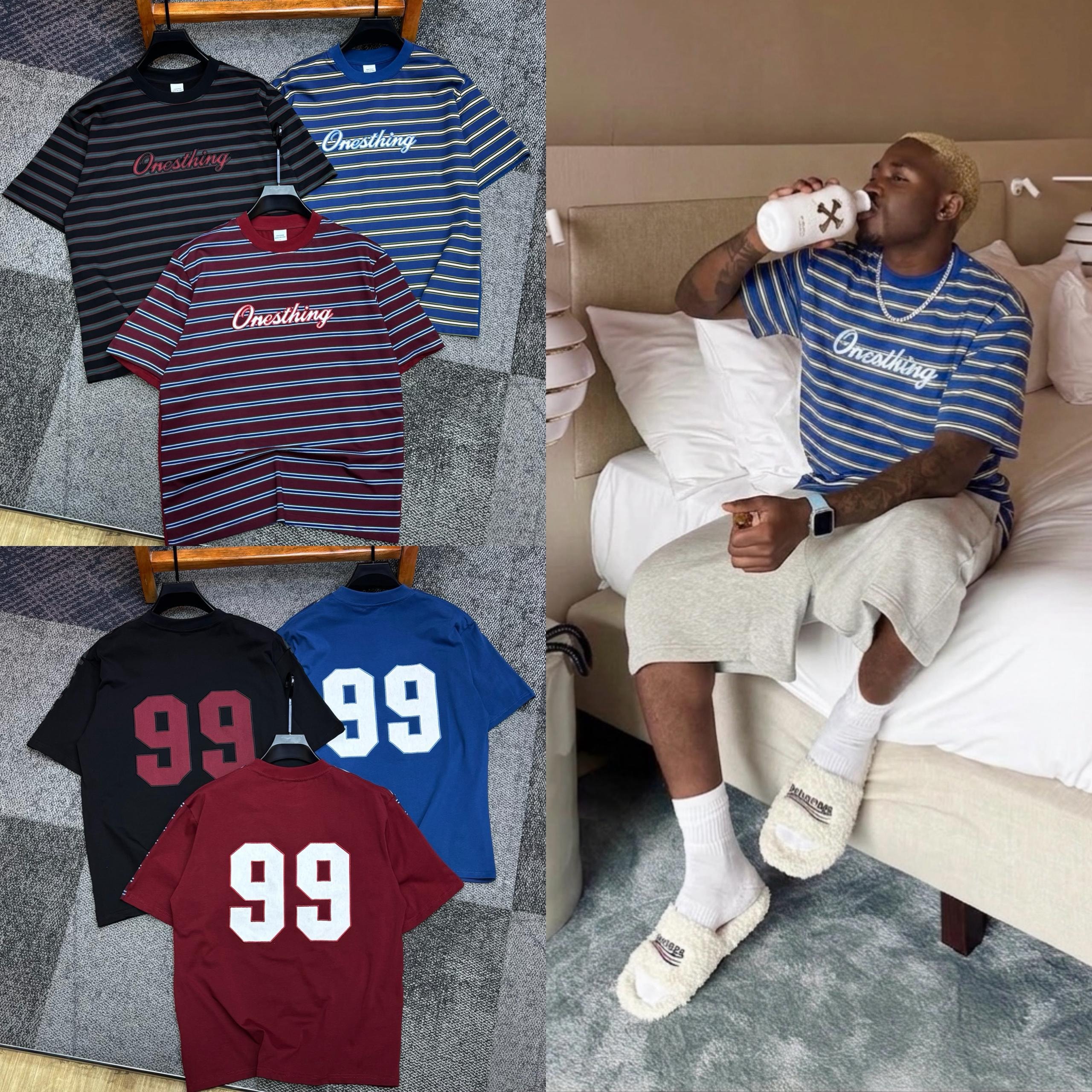 Collage showing striped Onesthing t-shirts on left and man wearing blue striped version in lifestyle setting.