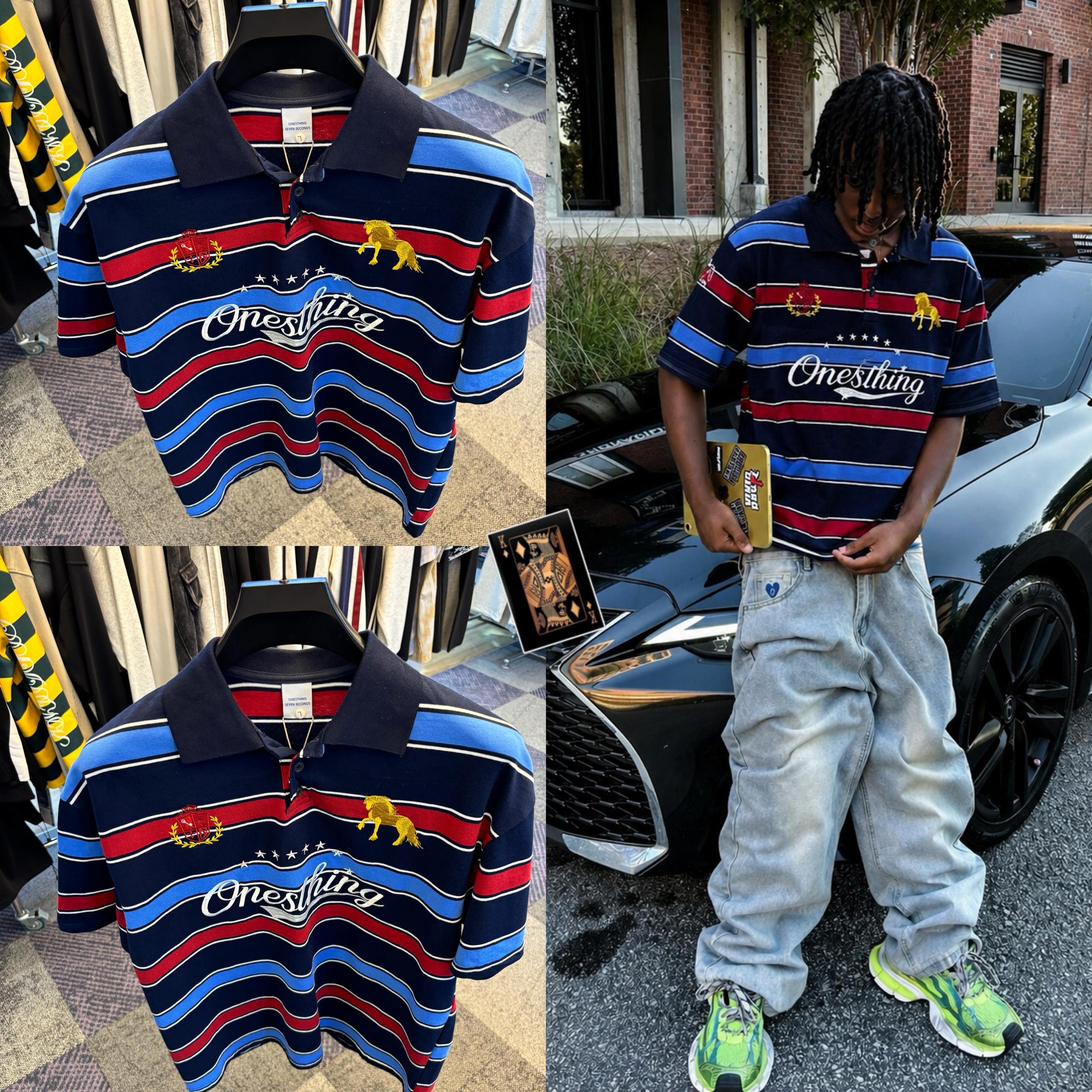 Collage of Onesthing navy striped polo on hanger and worn by model outdoors next to car.