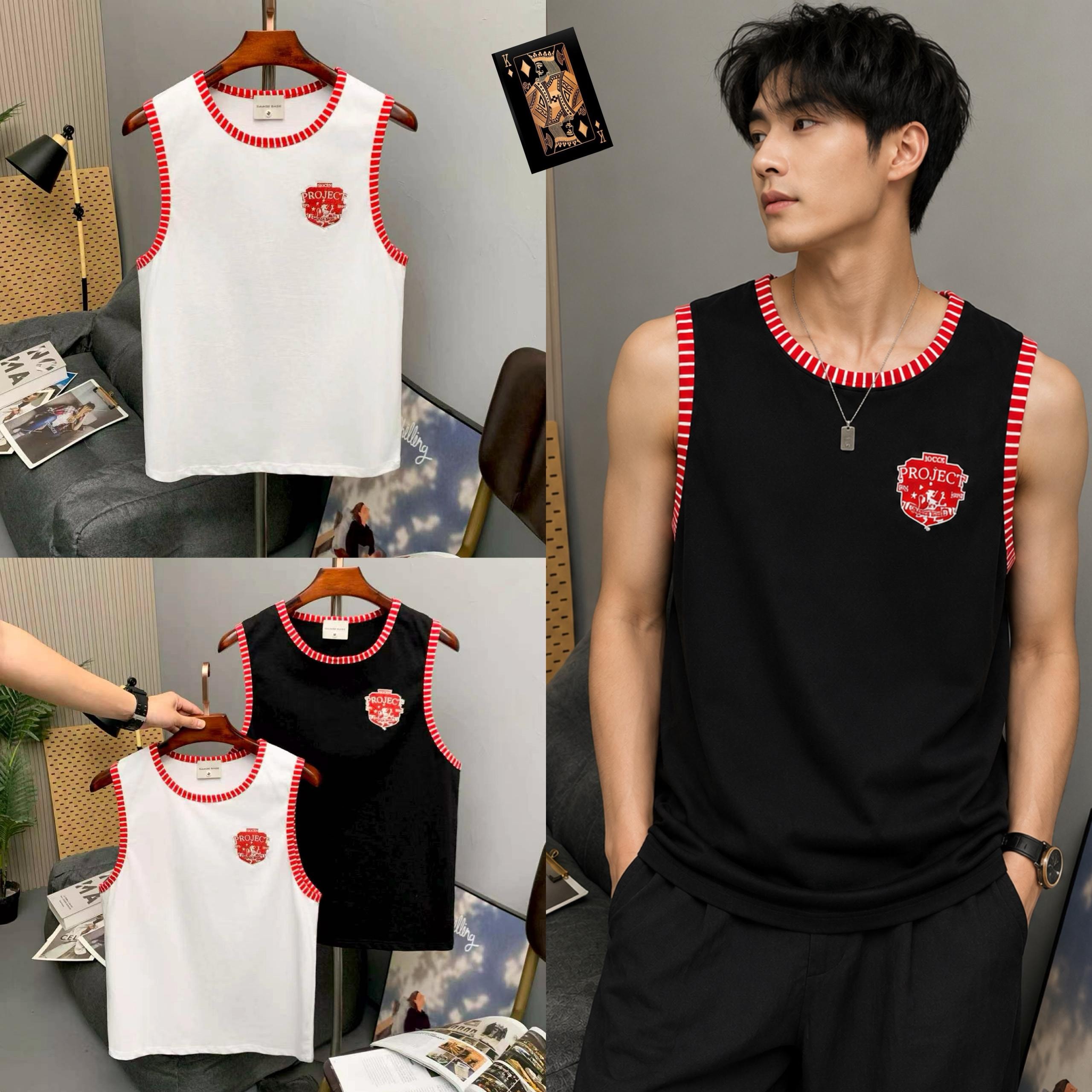 Collage of white and black armless tank tops with red trim plus male model wearing the black version.