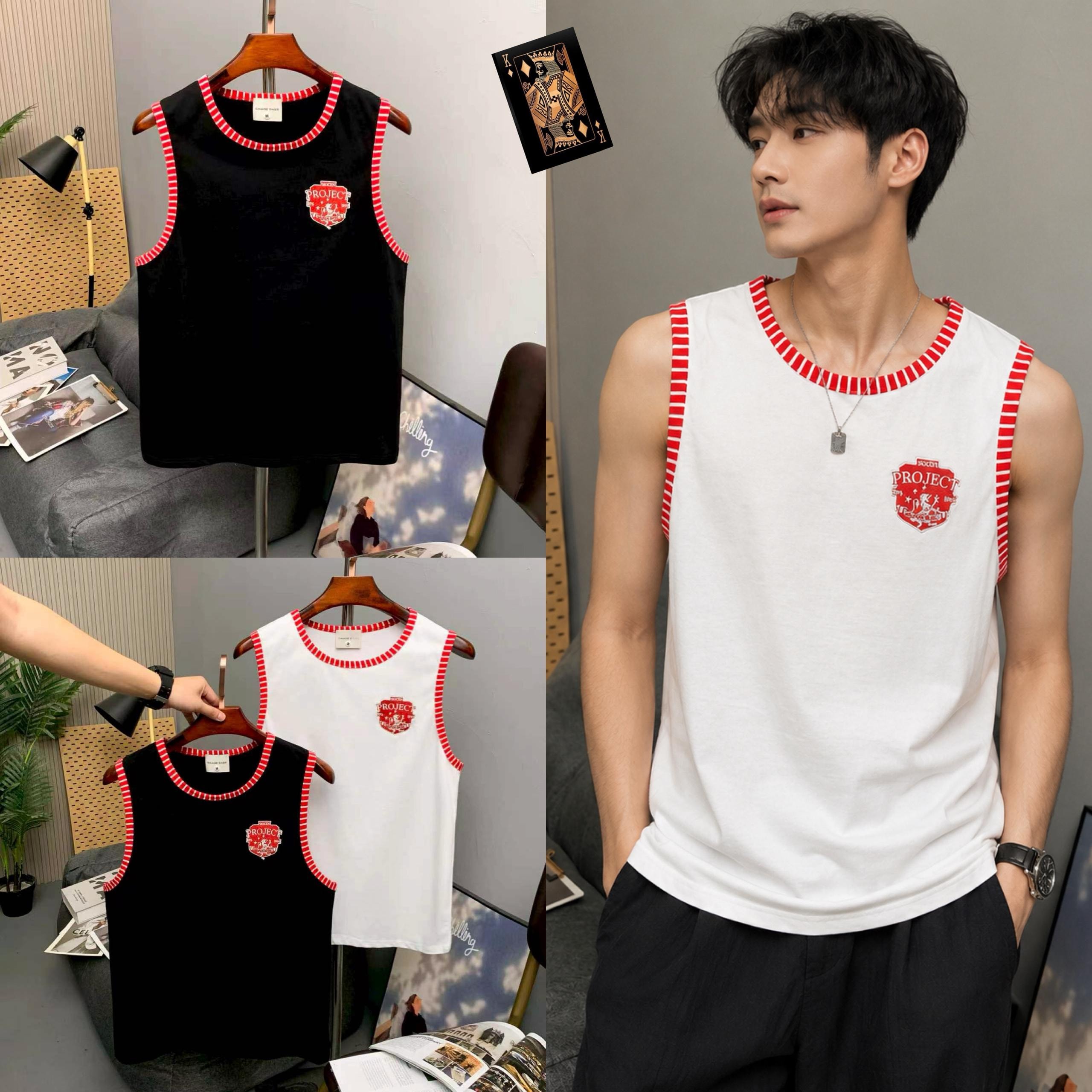 Collage of black and white armless tops with striped trim plus male model wearing the white version.