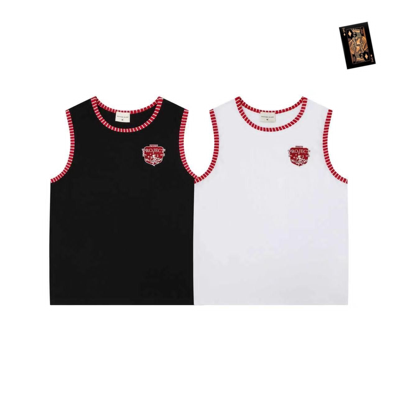 Black and white armless tank tops with red striped trim and matching chest logos displayed side by side.