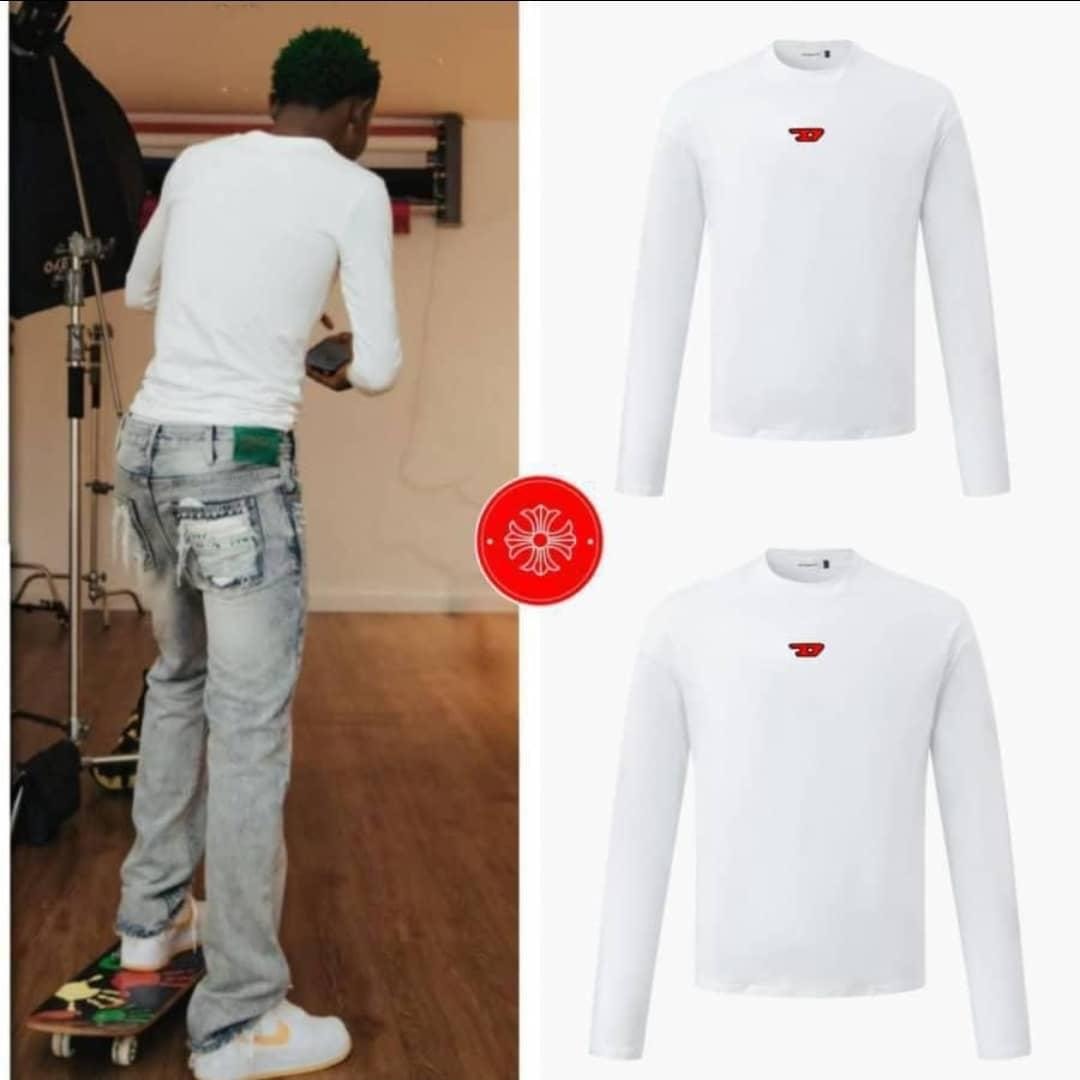 Man modeling white Diesel long sleeve body hug top from the back on a skateboard, with flat lay views of the white version.