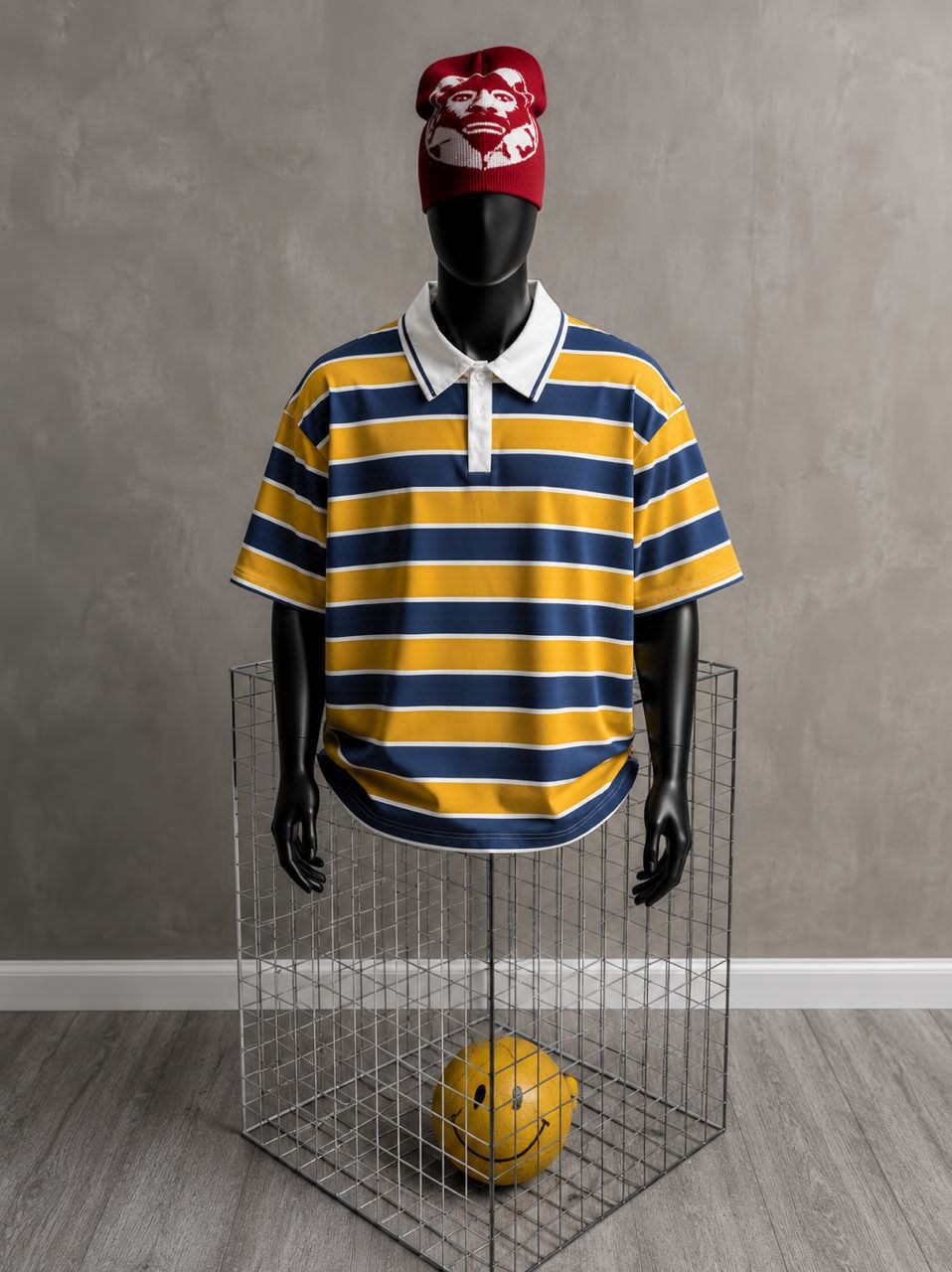 Mannequin wearing yellow and navy striped polo shirt with white collar and short sleeves.