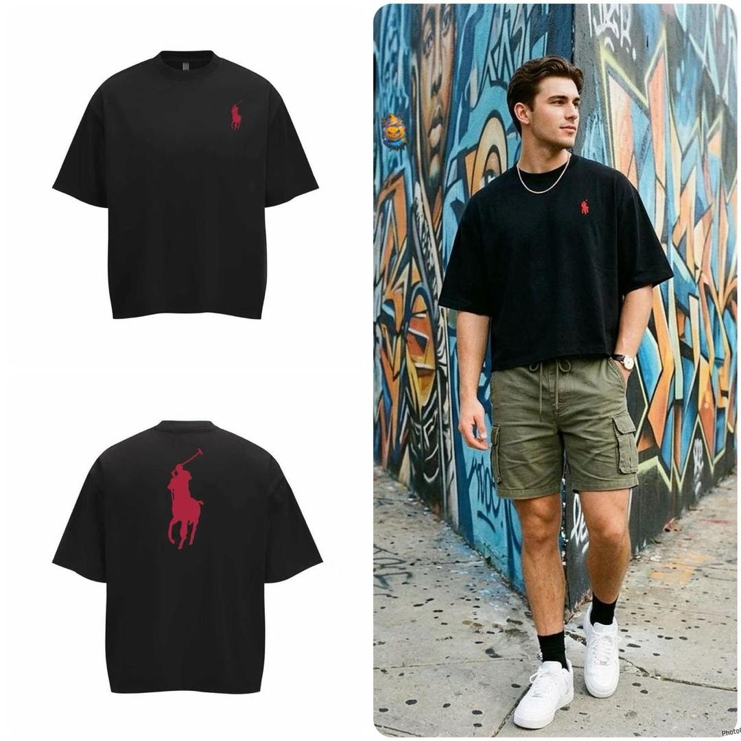 Black oversized t-shirt with red polo player logo on chest and back, flat and model views.