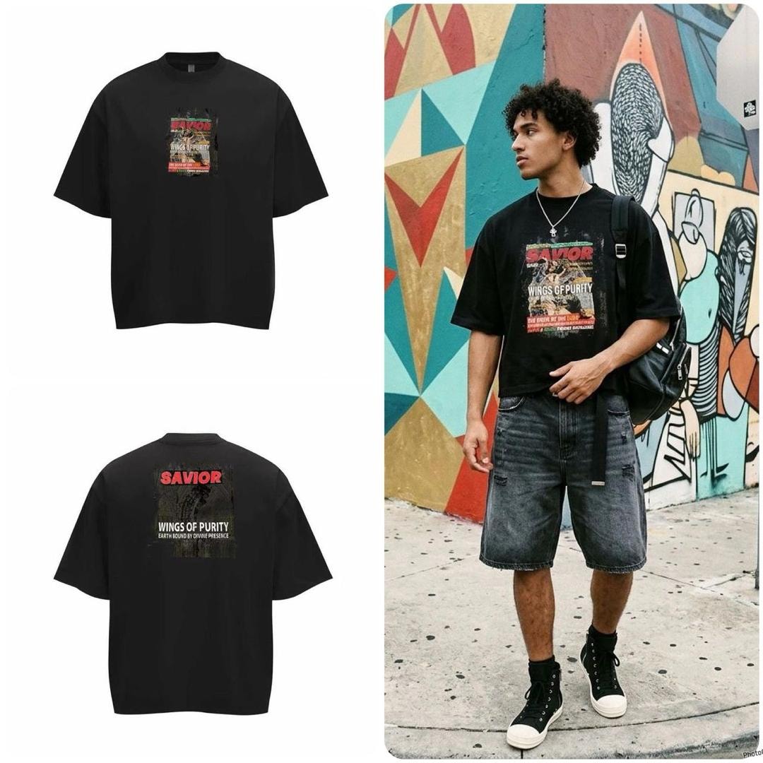 Black oversized t-shirt with Savior graphic on chest and back print, flat and model views.