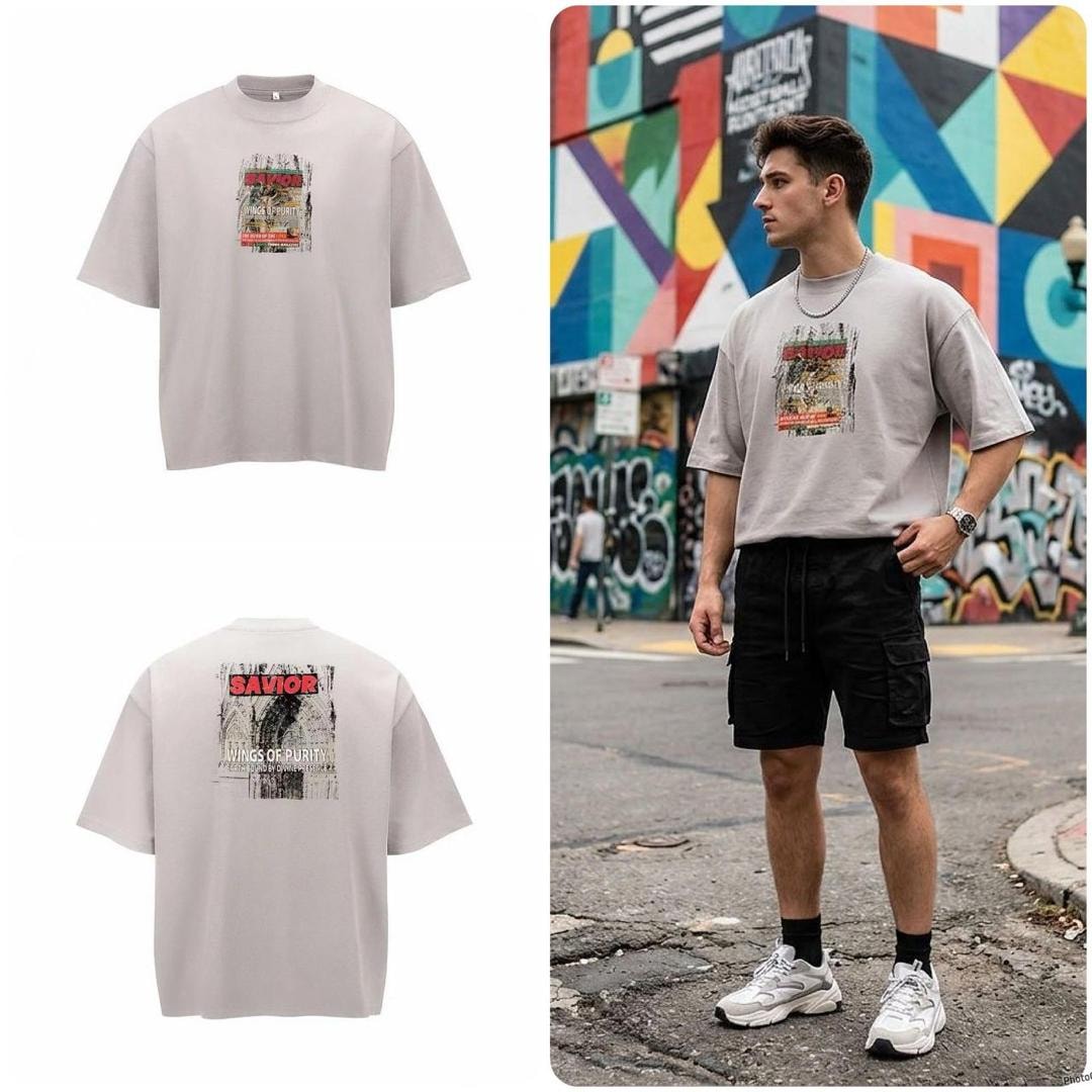 Gray oversized t-shirt with Savior graphic on chest and back print, flat and model views.