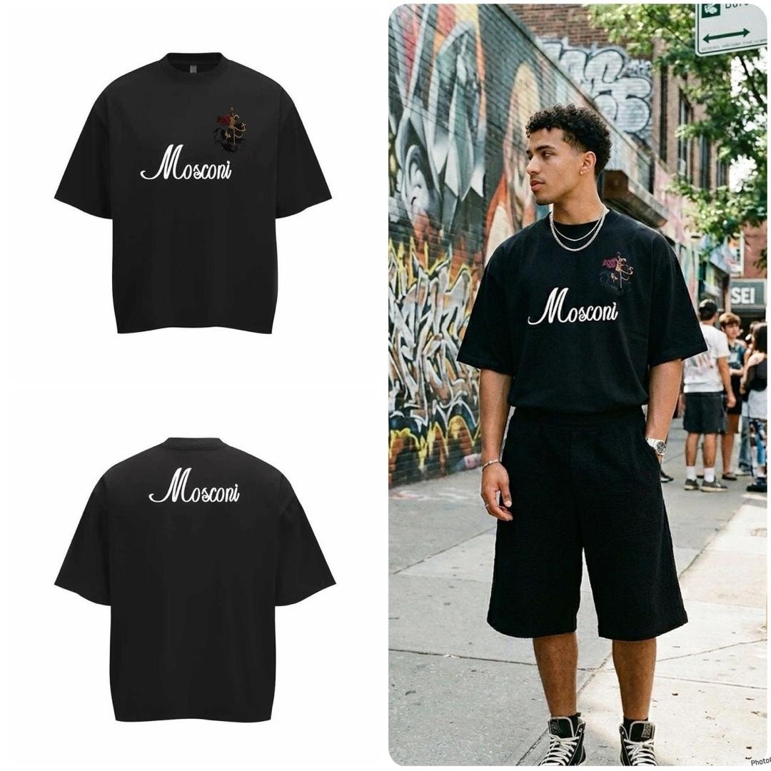 Black oversized t-shirt with Mosconi script and crest on chest plus back text, flat and model views.