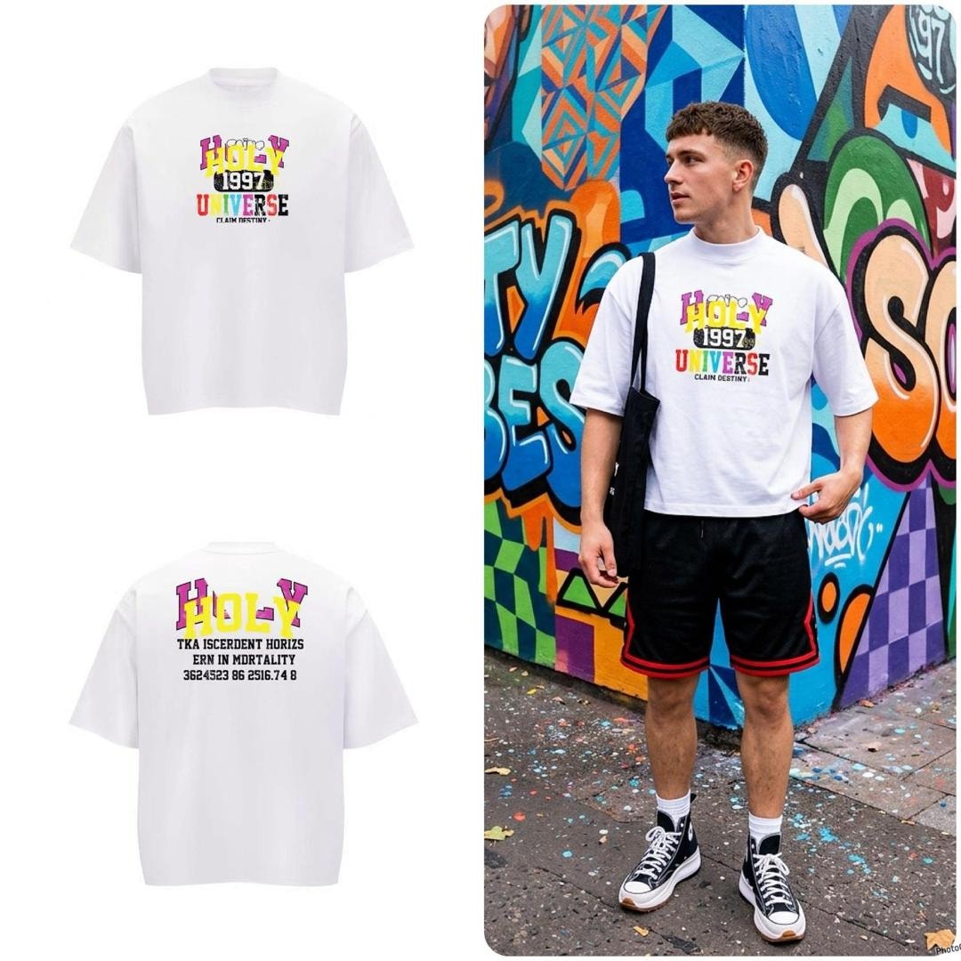 White oversized t-shirt with colorful Holy 1997 graphic on chest and text on back, flat and model views.