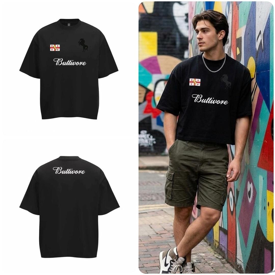 Black oversized t-shirt with flag, horse and Buttivore script on chest plus back print, flat and model views.