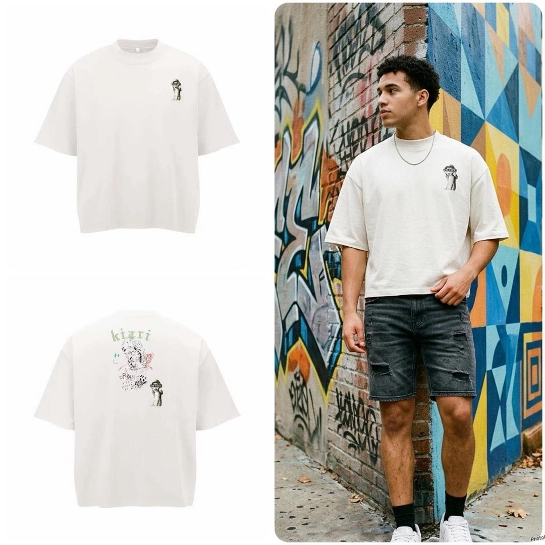 Cream oversized t-shirt with small chest graphic and large back print with Kiari text, flat and model views.