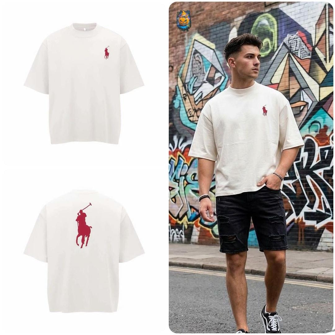 Cream oversized t-shirt with red polo player logo on chest and back, flat and model views.