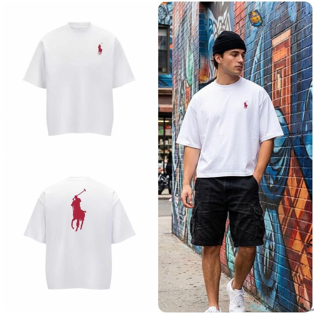 White oversized t-shirt with red polo player logo on chest and back, flat and model views.