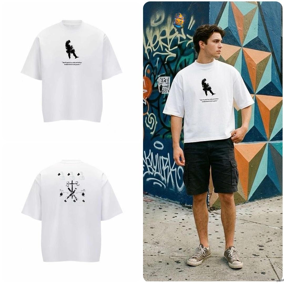 White oversized t-shirt with black silhouette graphic on front and cross design on back, flat and model views.