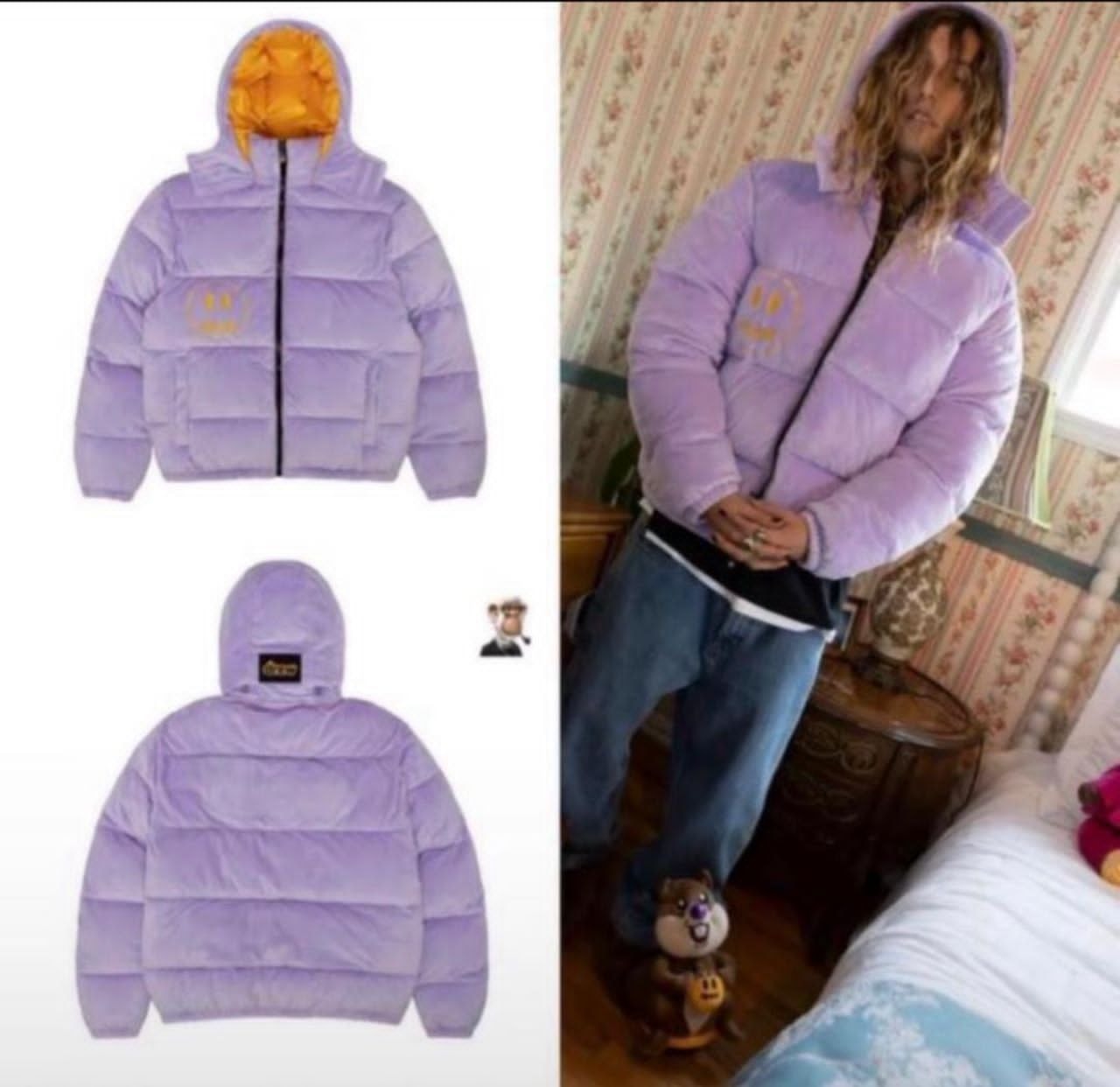 Purple Drew puffer jacket in front, back, and worn views.