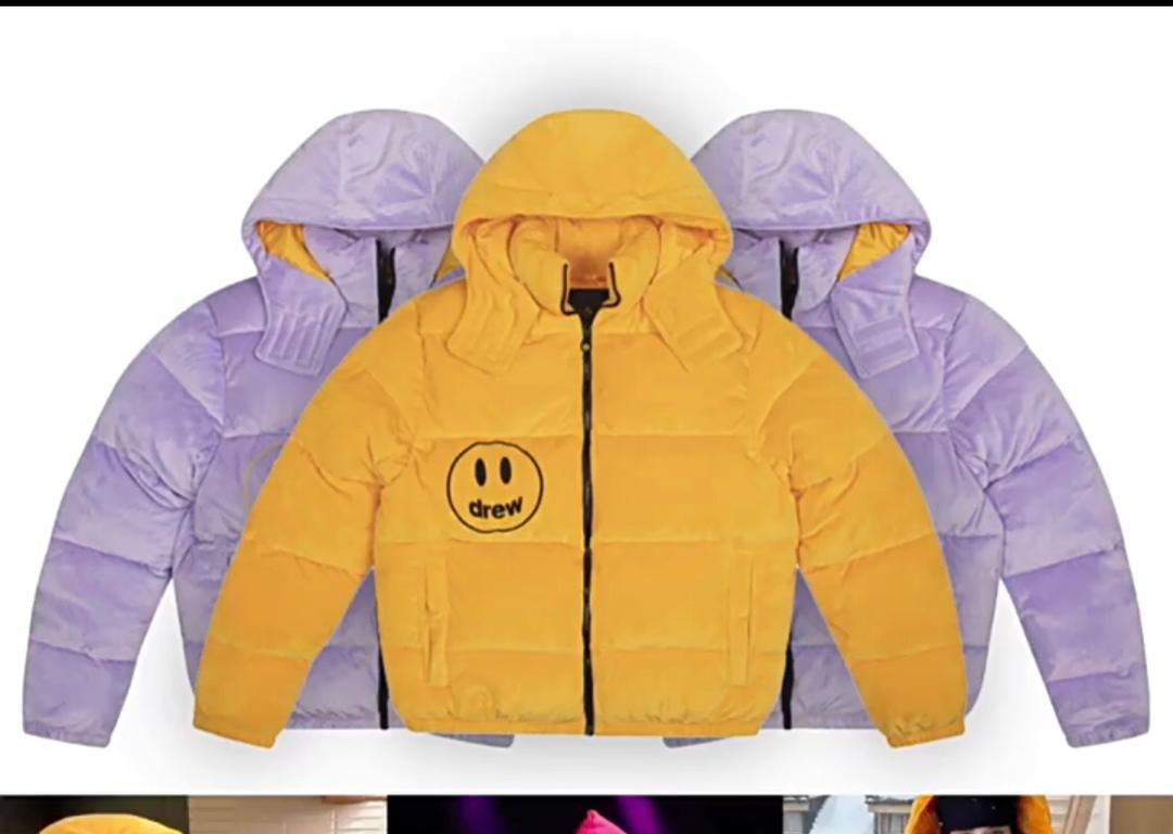 Yellow and purple Drew puffer jackets shown together from front view.