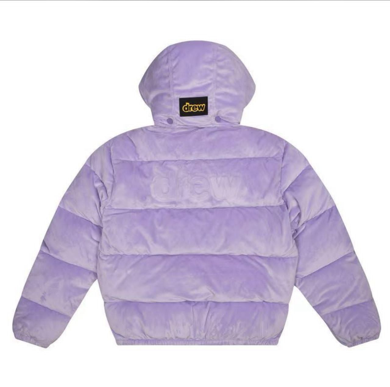 Back view of purple Drew puffer jacket showing hood and large logo.