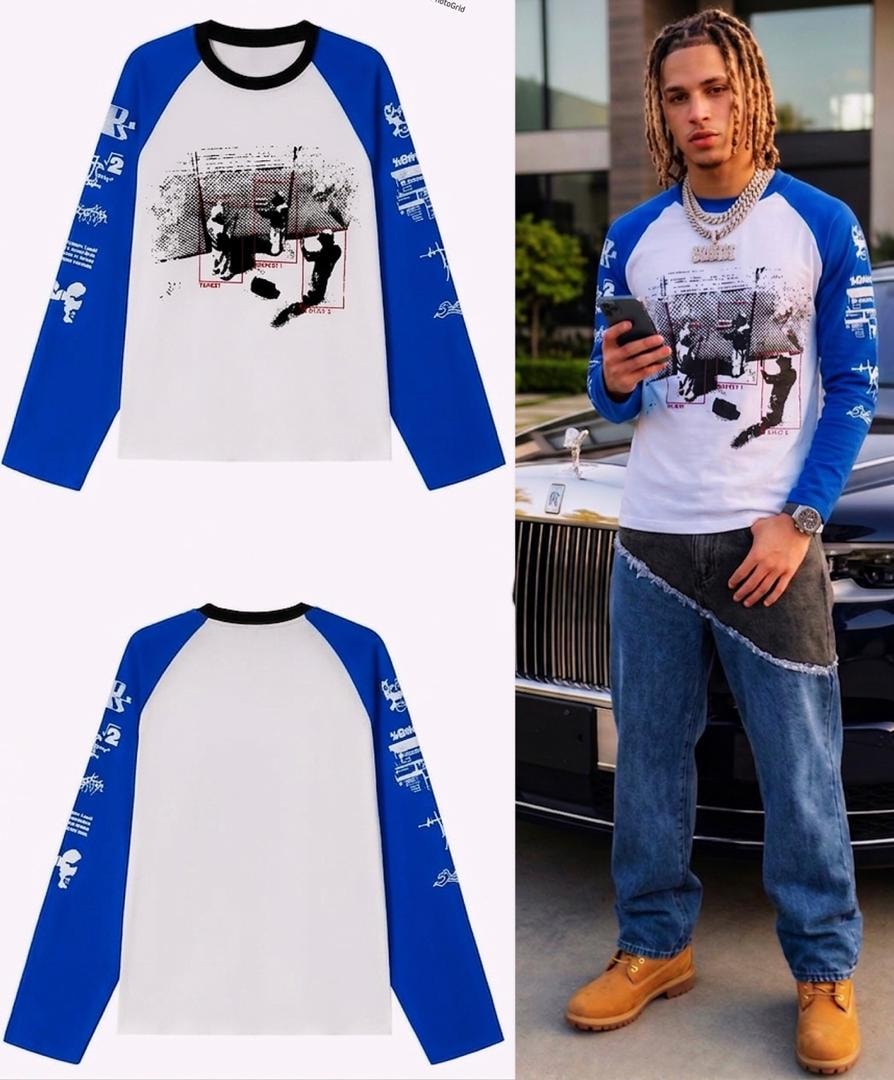 White and blue raglan long sleeve graphic tee shown in flat lay front and back views plus on model.