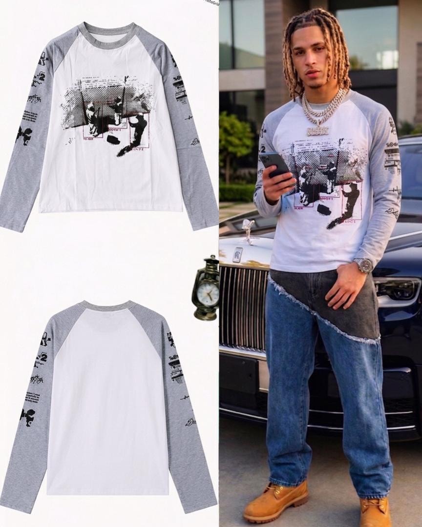 White and grey raglan long sleeve graphic tee shown in flat lay front and back views plus on model.