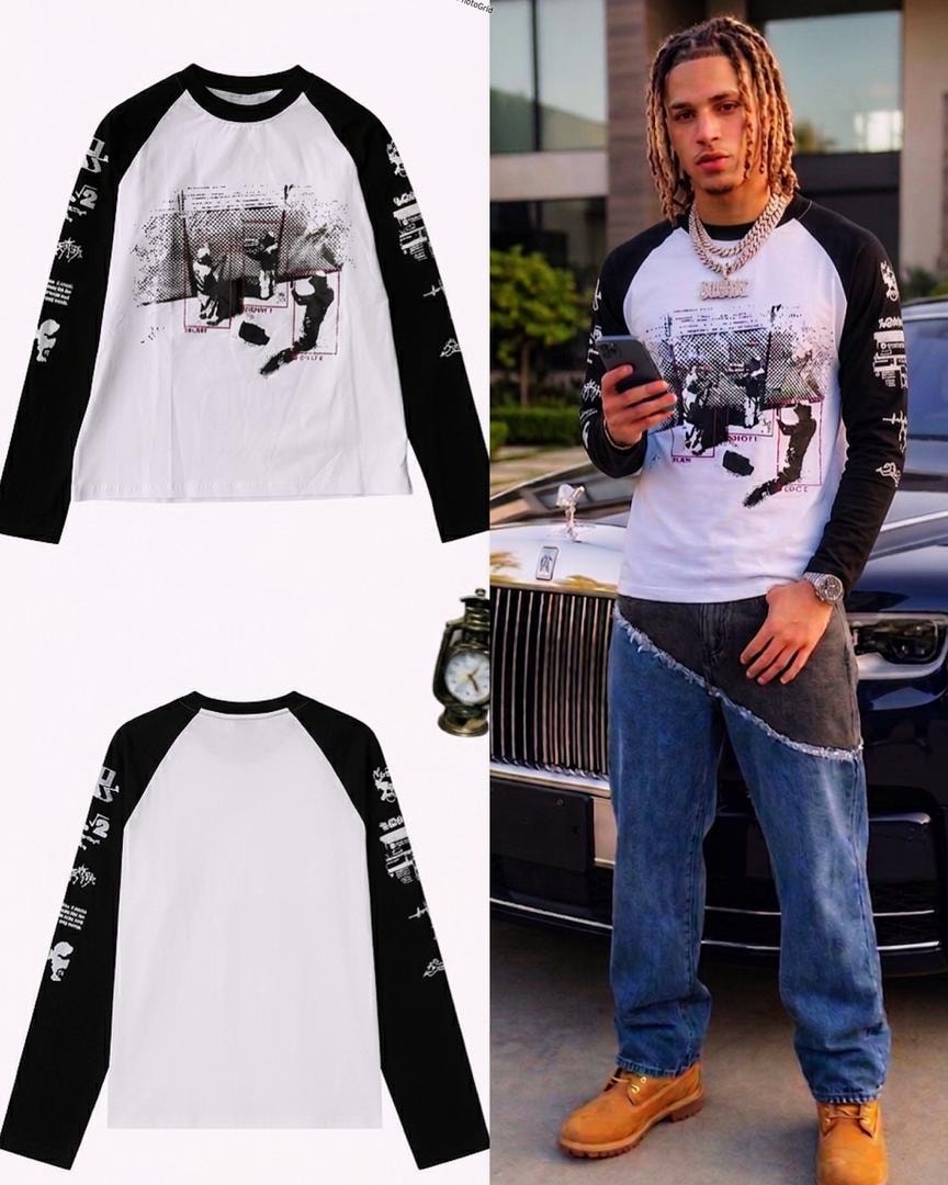 White and black raglan long sleeve graphic tee shown in flat lay front and back views plus on model.