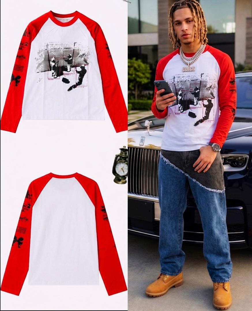White and red raglan long sleeve graphic tee shown in flat lay front and back views plus on model.