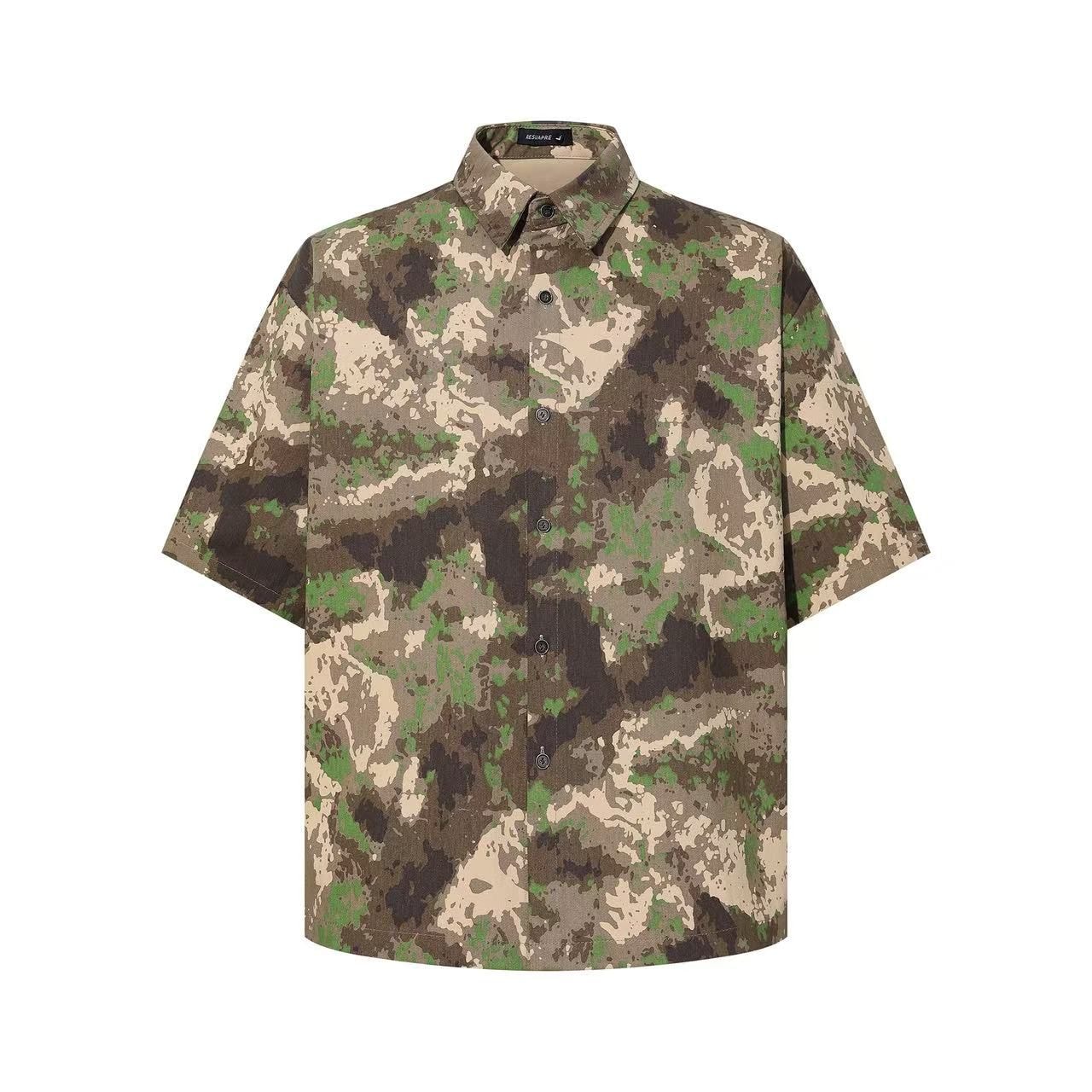 REQUARE short sleeve shirt in green camouflage pattern, front view.