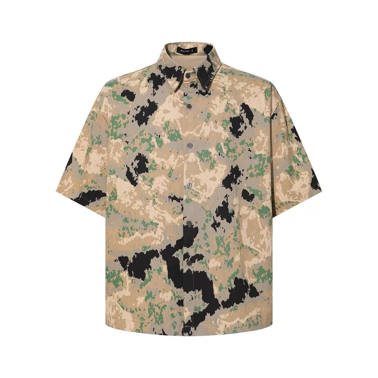 REQUARE short sleeve shirt in beige camouflage pattern, front view.