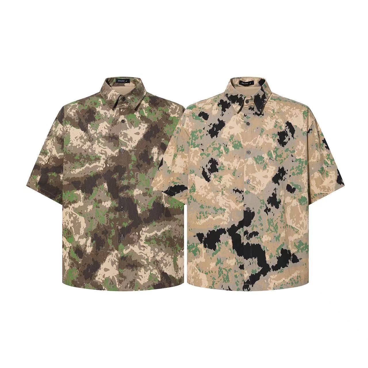 Two REQUARE camouflage short sleeve shirts shown side by side in green and beige prints.