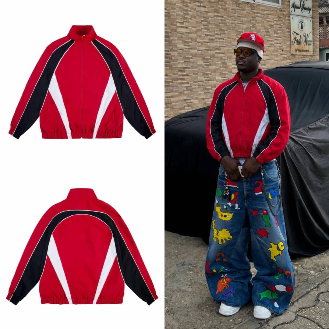 Red colorblock track jacket in front and back flat lays with model wearing outdoors.
