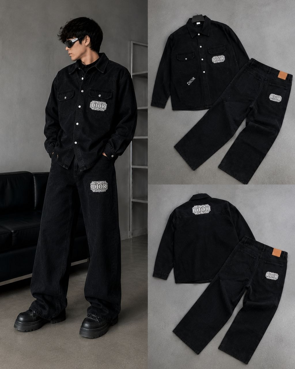 Collage showing model wearing black Dior denim shirt and wide jeans with sunglasses plus front and back flat lays.