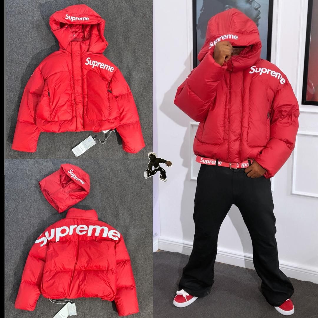 Multiple angles of Supreme red cropped puffer jacket including flat lays, back logo, and model wearing it.
