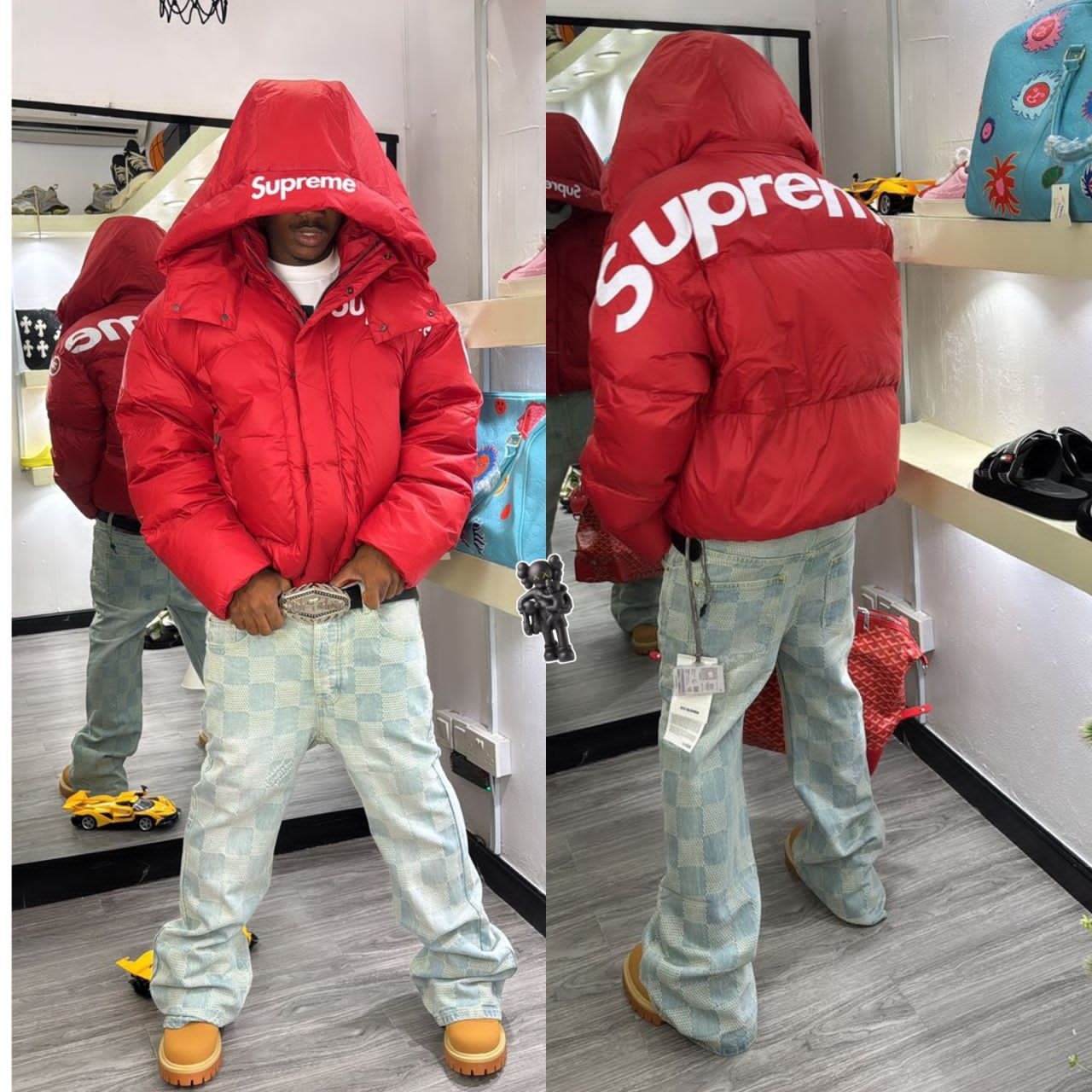 Man modeling red Supreme puffer jacket in front and back views inside a retail store.
