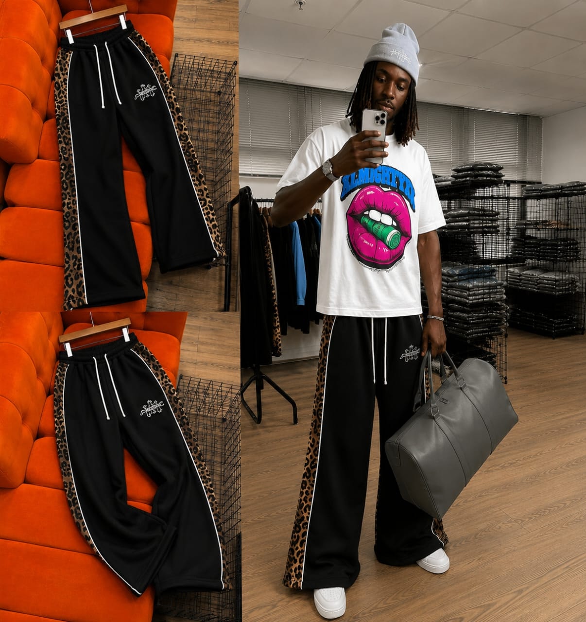 Black AFRORE leopard print joggers displayed on orange couch and worn by model with graphic tee.