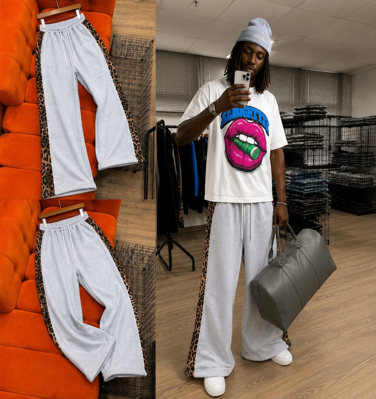 Gray AFRORE leopard print joggers displayed on orange couch and worn by model with graphic tee.