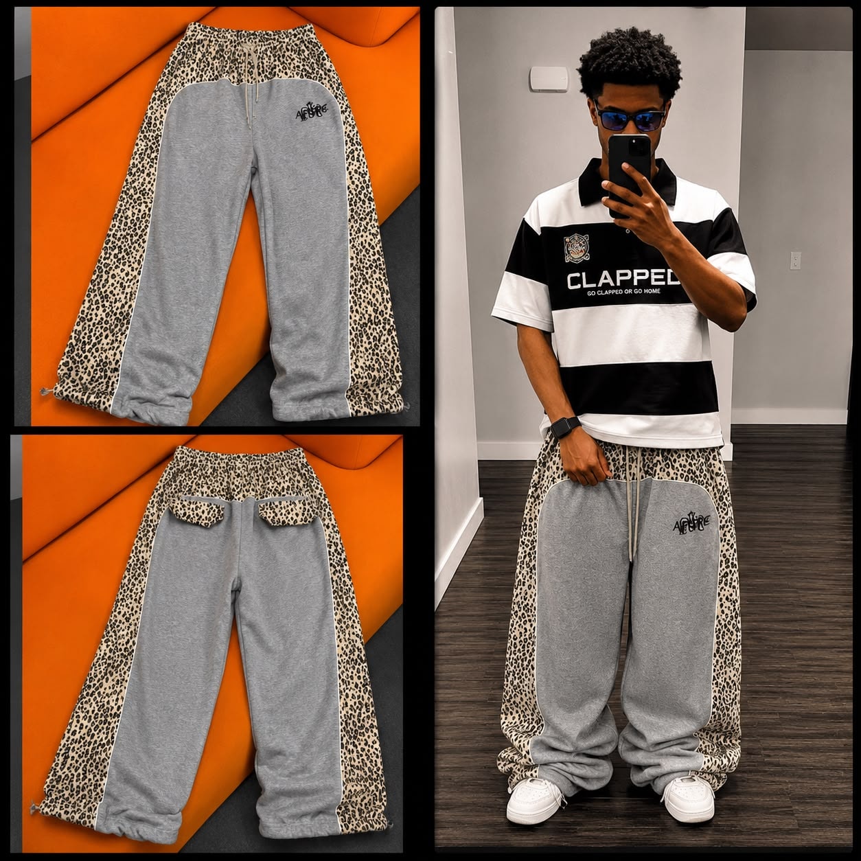 Collage of gray AFRORE leopard print joggers in flat lay and worn by model with polo shirt.